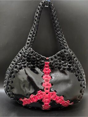 Rare LUCKY BRAND Patent Leather Woven Leather Link Peace Sign Hippie Hobo Bag